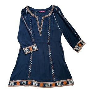 Navy Blue with orange and white design Boho lightweight dress